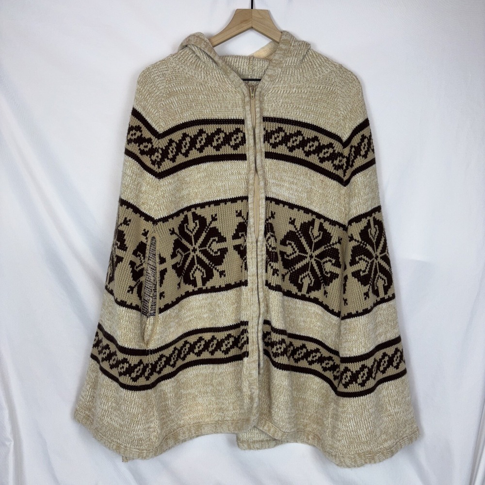Vintage 70s Sears Beige Brown Poncho Sweater w/ Hood Arm Slits Warm Boho Grunge